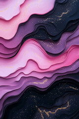 Poster - A cinematic digital painting merging hot red and cool pink currents around a core of deep black, highlighted by radiant gold glitter flakes,