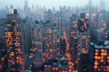 Poster - A cinematic wide-angle photograph capturing a softly blurred urban skyline at dusk, with rows of windows glowing in cozy orange light,