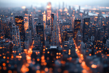Poster - A cinematic wide-angle photograph capturing a softly blurred urban skyline at dusk, with rows of windows glowing in cozy orange light,