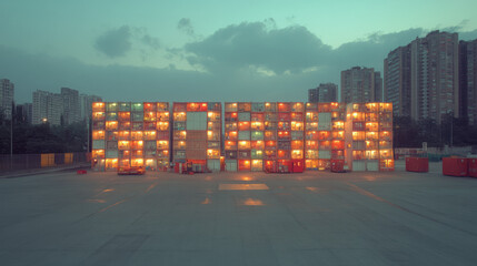 Poster - A softly focused panorama featuring dusky clouds above a cluster of high-rises, each lit window shimmering against the gently darkening sky,
