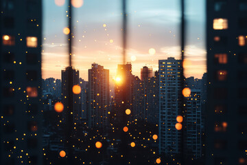 Poster - A panoramic twilight view showing blurred building edges and warm-lit windows that appear like scattered stars across the steel and glass,