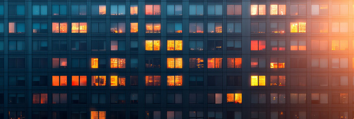 Poster - A minimalist composition with a single iconic skyscraper in the foreground, subtly illuminated windows creating a reassuring night transition,