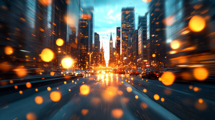 Poster - A dynamic cityscape at the golden hour, where relaxed lights and slight motion blur evoke a comforting energy in the urban environment,