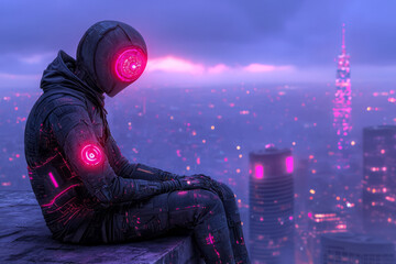 Poster - A cinematic perspective capturing half the frame as a glowing city sprawl, and the other half the robotic figure calmly observing from a ledge at twilight,