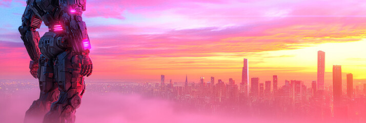 Poster - A refined 3D render depicting the robotâ€™s reflective chassis subtly mirroring the skylineâ€™s final streaks of orange and pink light,