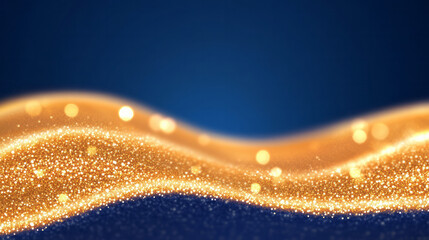 Poster - A minimalist photograph of light reflections and gleaming golden particles scattered across a rich blue background, evoking a glamorous atmosphere,