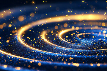 Aufkleber - A radiant abstract illustration with shimmering gold sparkles drifting across a sapphire-blue canvas, creating a hypnotic bokeh swirl,