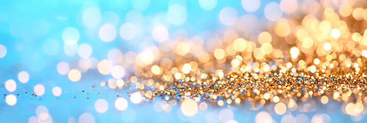 Aufkleber - A vibrant composition merging metallic gold flecks with scattered blue highlights, all blurred into a soft bokeh effect for a luxurious aesthetic,