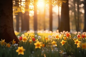 Poster - Golden sunlight filters through trees at sunset, illuminating a vibrant field of daffodils and tulips in a peaceful forest setting