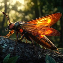 Luminous insect on wood, forest background.