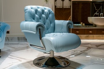 Elegant blue leather armchair standing on marble tiles in luxury apartment, concept of wealth and expensive furniture