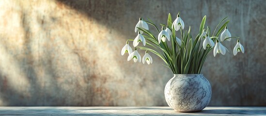 Sticker - Elegant arrangement of snowdrops in a marble vase on a textured surface illuminated by soft natural light creating a tranquil artistic ambiance