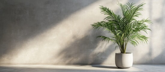 Canvas Print - Lush green potted plant positioned in a minimalist interior with a textured gray wall and soft natural light creating soothing shadows.