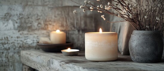 Canvas Print - Tranquil rustic spa setting with lit candles in soft beige and gray hues surrounded by natural elements on a wooden table for relaxation ambiance