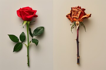 a striking contrast of a vibrant red rose and a wilted, dried rose, symbolizing beauty and transienc