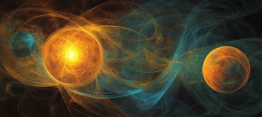 Wall Mural - abstract swirling energy beams, orange and teal spheres glowing against a dark blackground