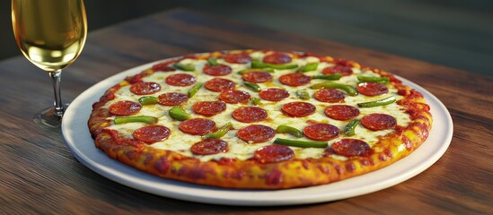 Wall Mural - Freshly baked pepperoni and green bell pepper pizza on a white plate, surrounded by a glass of white wine on a rustic wooden table, vibrant colors.