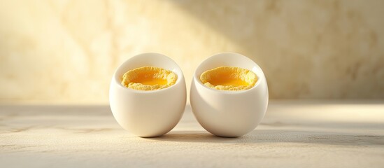 Wall Mural - Soft boiled eggs in white cups on a light marble surface with a soft focus background capturing the rich golden yolk and creamy texture.