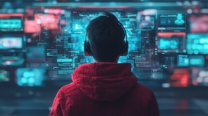 Futuristic User Interacting with Digital Screens in Virtual Environment