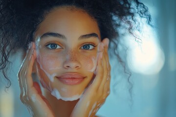 facial skin care routine concept. young woman looking in the mirror during washing her face with facial foam