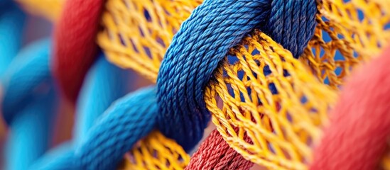 Colorful woven threads in blue, yellow, and red, interlaced with durable netting, showcasing vibrant textures for enhancing net functionality.
