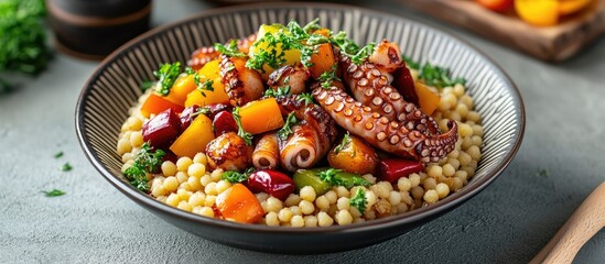 Wall Mural - Braised octopus elegantly arranged on fluffy couscous with vibrant vegetables and herbs in a textured bowl against a soft gray backdrop.