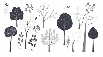 Stylized tree illustrations, design elements, white background, graphic design, website use