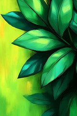 Sticker - A vibrant illustration of lush green leaves against a bright green backdrop, showcasing the beauty of nature and plant life.