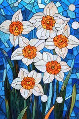 Wall Mural - White daffodils mosaic art, blue background, spring floral, home decor