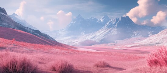 Wall Mural - Breathtaking landscape with soft pink dust foreground and majestic mountains in background under a blue sky with fluffy clouds creating serene beauty