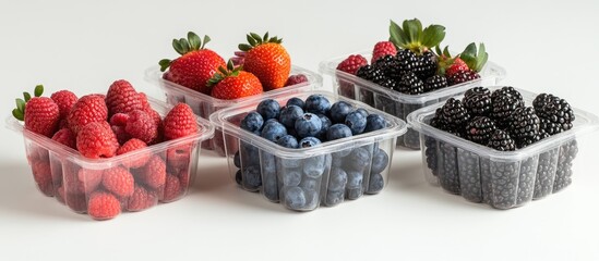 Wall Mural - Fresh assorted berries in clear containers including strawberries raspberries blueberries blackberries on a light background arranged side by side.