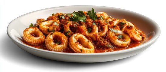 Wall Mural - Delicious calamari rings in spicy red sauce garnished with fresh parsley on a circular white plate, served against a clean white background.