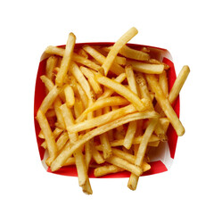 crispy golden french fries in a red container. perfect snack or side dish, delicious and ready to ea