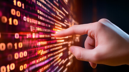 Wall Mural - hand interacting with glowing binary code a digital technology concept