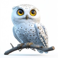 Wise snowy owl with big yellow eyes sitting on a tree branch, placed on a bright white background