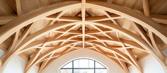 Wall Mural - Elegant wooden roof truss design in a new home under construction with intricate arches and beams in warm wood tones against a neutral backdrop.