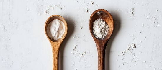 Wall Mural - Wooden spoon and measuring spoon on a textured white background highlighting natural wood tones with flour and powder for culinary uses