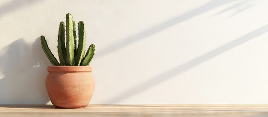 Wall Mural - Sunlit tall cactus in terracotta pot positioned left on wooden table against a bright white wall casting soft shadows across the surface