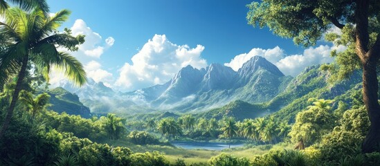 Wall Mural - Majestic mountain range with lush green trees in foreground and vibrant blue sky with fluffy clouds in background capturing serene natural beauty