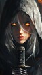© Hardy - A mysterious female in a hood, with one glowing eye, silver hair, katana in hand, and shadows on her face, vibrant hues.