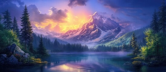 Wall Mural - Majestic mountains reflect in a tranquil lake under a vibrant aurora borealis with hues of green and purple illuminating a serene night sky.