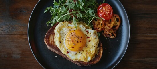 Wall Mural - Delicious breakfast plate showcasing fried egg atop toast with vibrant greens and roasted tomato on a dark wooden table for morning delight