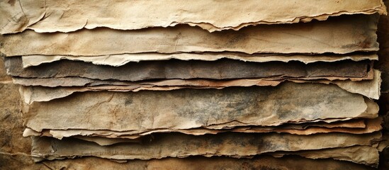 Wall Mural - Weathered stack of aged paper displaying unique discolored textures in earthy tones with soft light highlighting the vintage appeal and details.