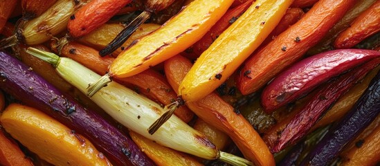 Wall Mural - Colorful roasted rainbow carrots in varying shades of purple, orange, yellow, and white, arranged closely with textured details, showcasing a vibrant salad.