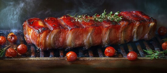 Sticker - Richly glazed succulent smoked pork belly sizzling on a grill with fresh herbs and cherry tomatoes creating a mouthwatering culinary scene