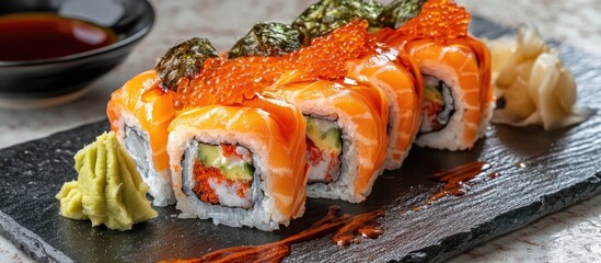 Wall Mural - Sushi roll on slate platter with vibrant orange salmon, green wasabi, and pickled ginger on a textured background, showcasing culinary artistry