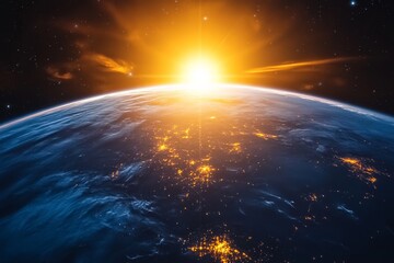 Aufkleber - Vibrant sunrise over Earth highlighting illuminated cities and oceans from space