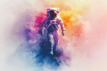 Wall Mural - astronaut explores a vibrant cosmic landscape filled with colorful nebulous clouds