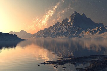 Poster - Majestic mountains reflect in tranquil lake at sunset in remote wilderness