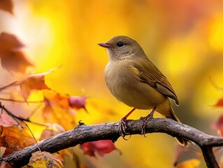 Wall Mural - a small bird perched on a branch surrounded by vibrant fall leaves in autumn